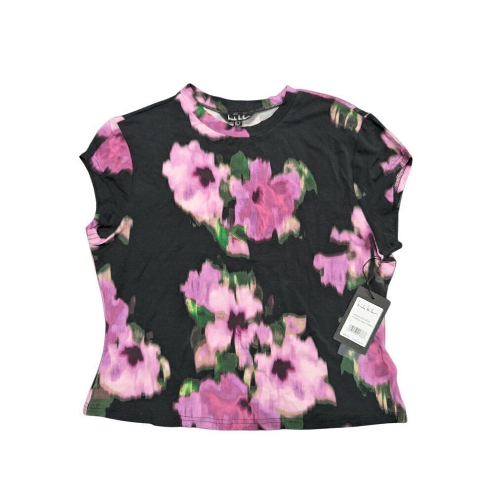 NWT Nicole Miller Purple Floral Print Short Sleeve Shirt Women's Size XL